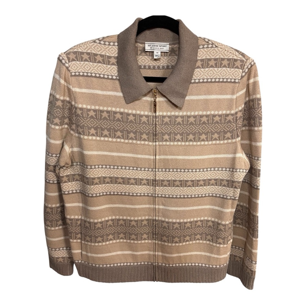NWOT St. John Sport by Marie Gray Beige & Taupe Zip Knit Zip Cardigan Sz M